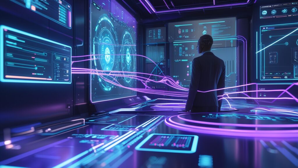 Apex Automated futuristic business control center with glowing holographic interfaces, AI-powered automation lines, and a human overseeing digital operations in a sleek, cyberpunk-style blue and purple environment.