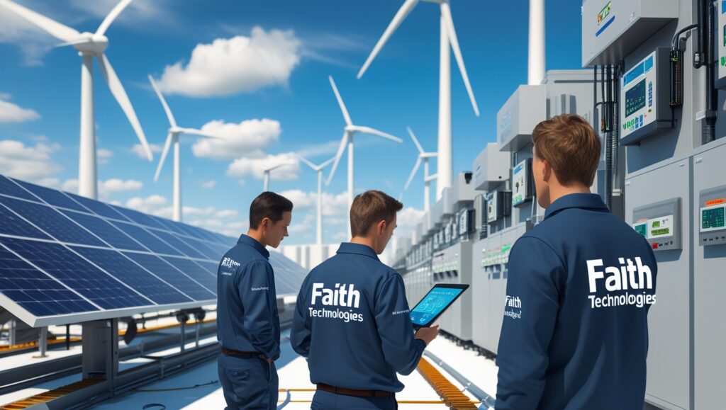 Faith Technologies engineers working on smart energy systems with solar panels and digital controls.