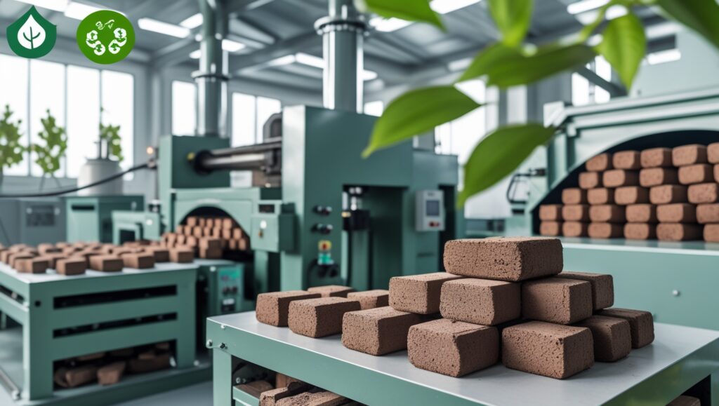 Industrial machinery producing charcoal briquettes from biomass in an eco-friendly factory, symbolizing clean energy and sustainable fuel solutions.